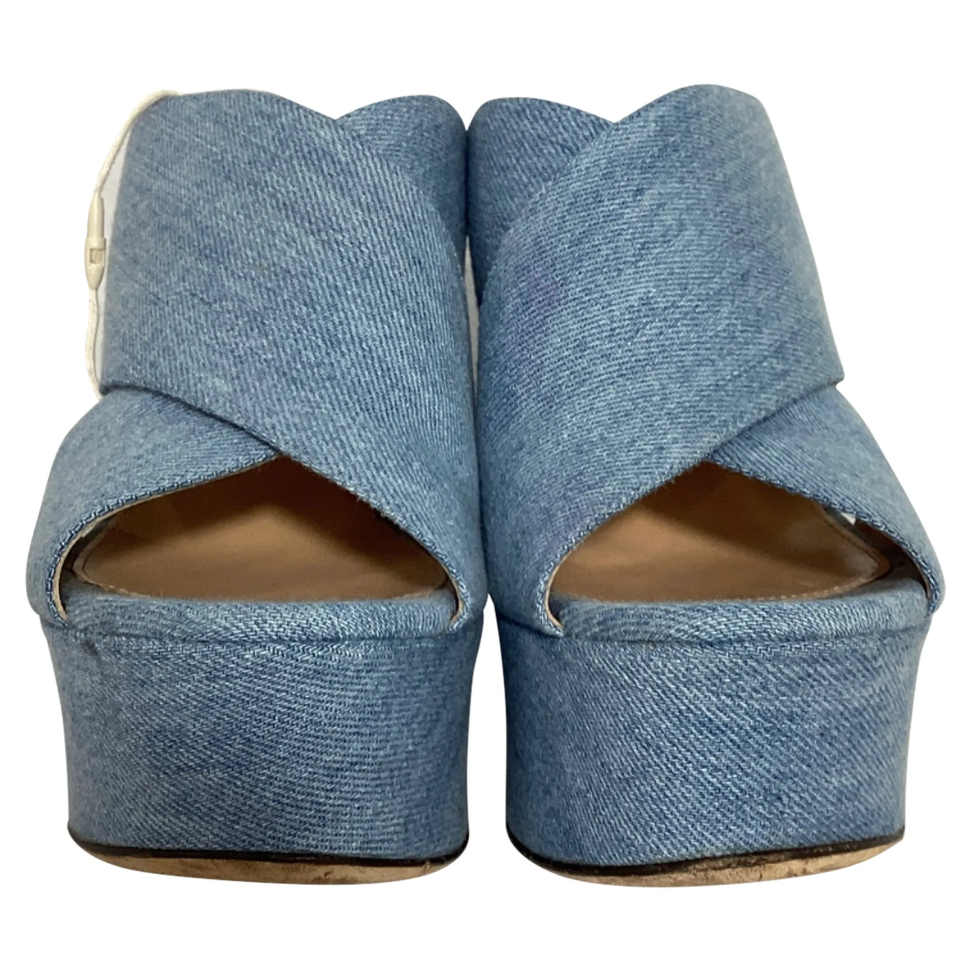 Sergio Rossi Alma Slip-On Wedge Sandals in Blue Cotton Denim