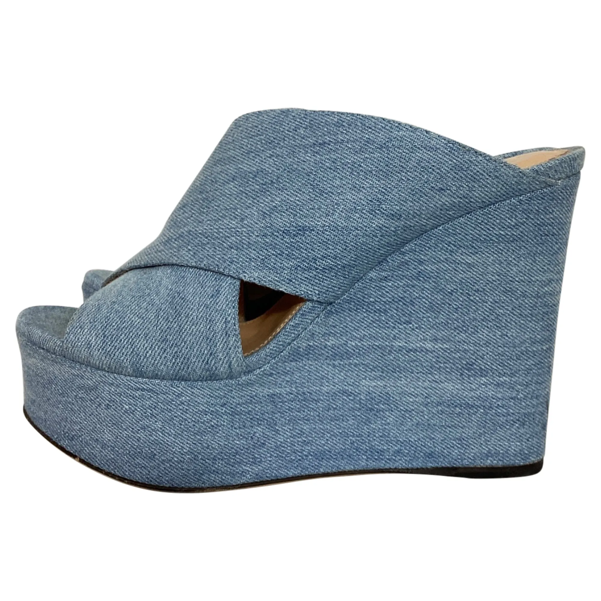 Sergio Rossi Alma Slip-On Wedge Sandals in Blue Cotton Denim