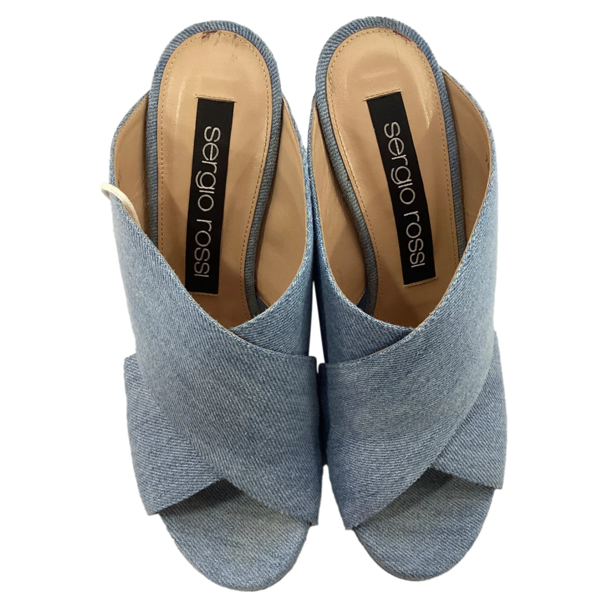 Sergio Rossi Alma Slip-On Wedge Sandals in Blue Cotton Denim