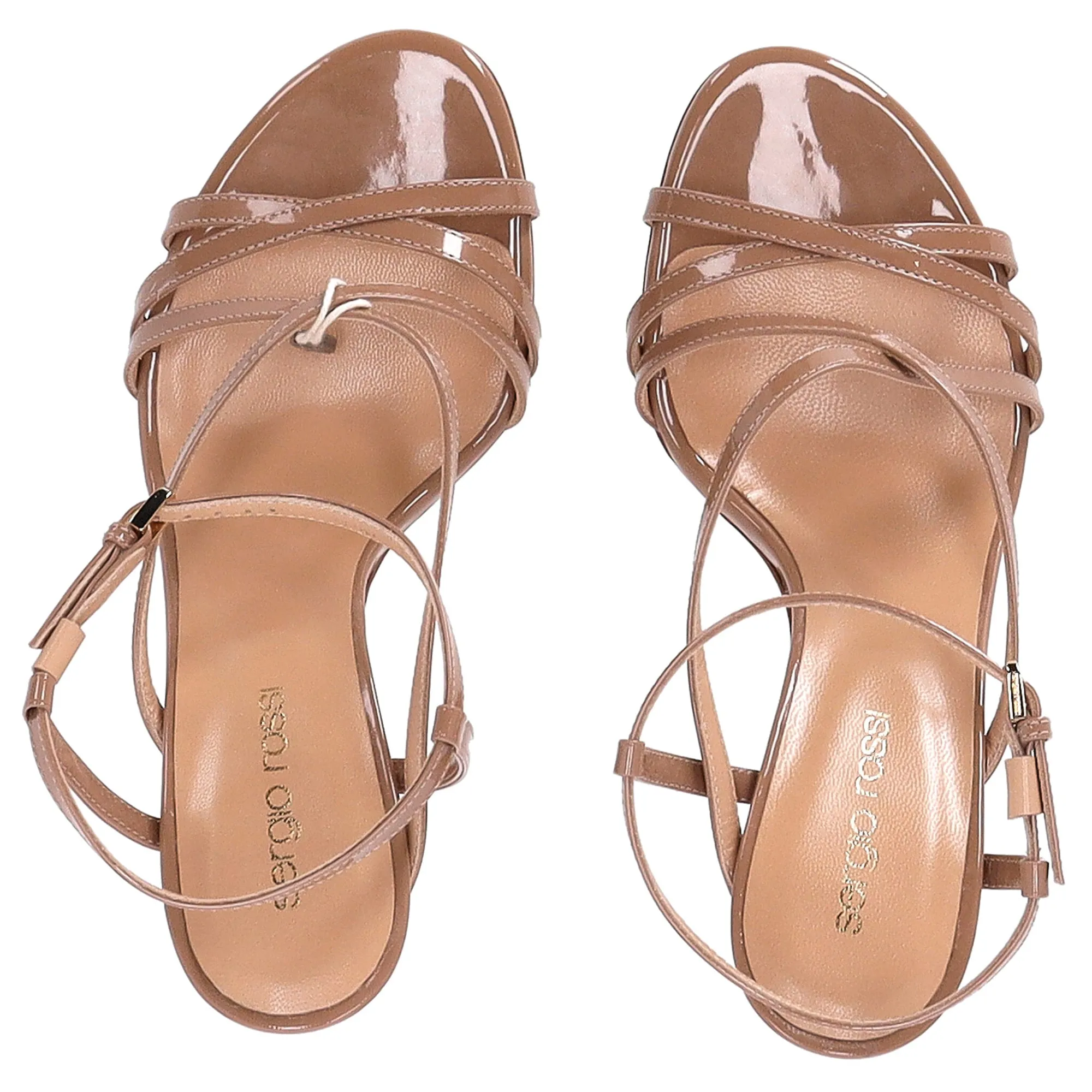 Sergio Rossi Bon Ton Strappy Sandal Heels in Brown Patent Calf Leather