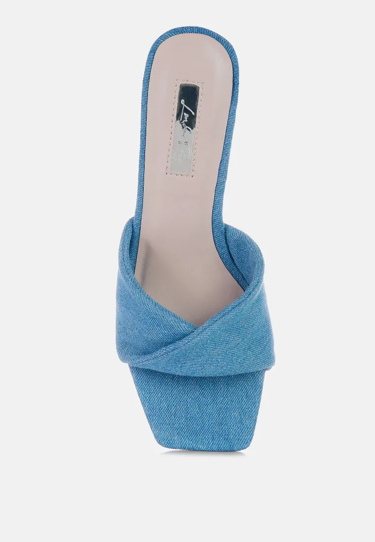 soft flirt twisted denim mid heel sandals