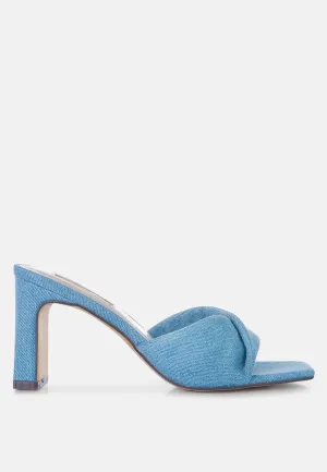 soft flirt twisted denim mid heel sandals