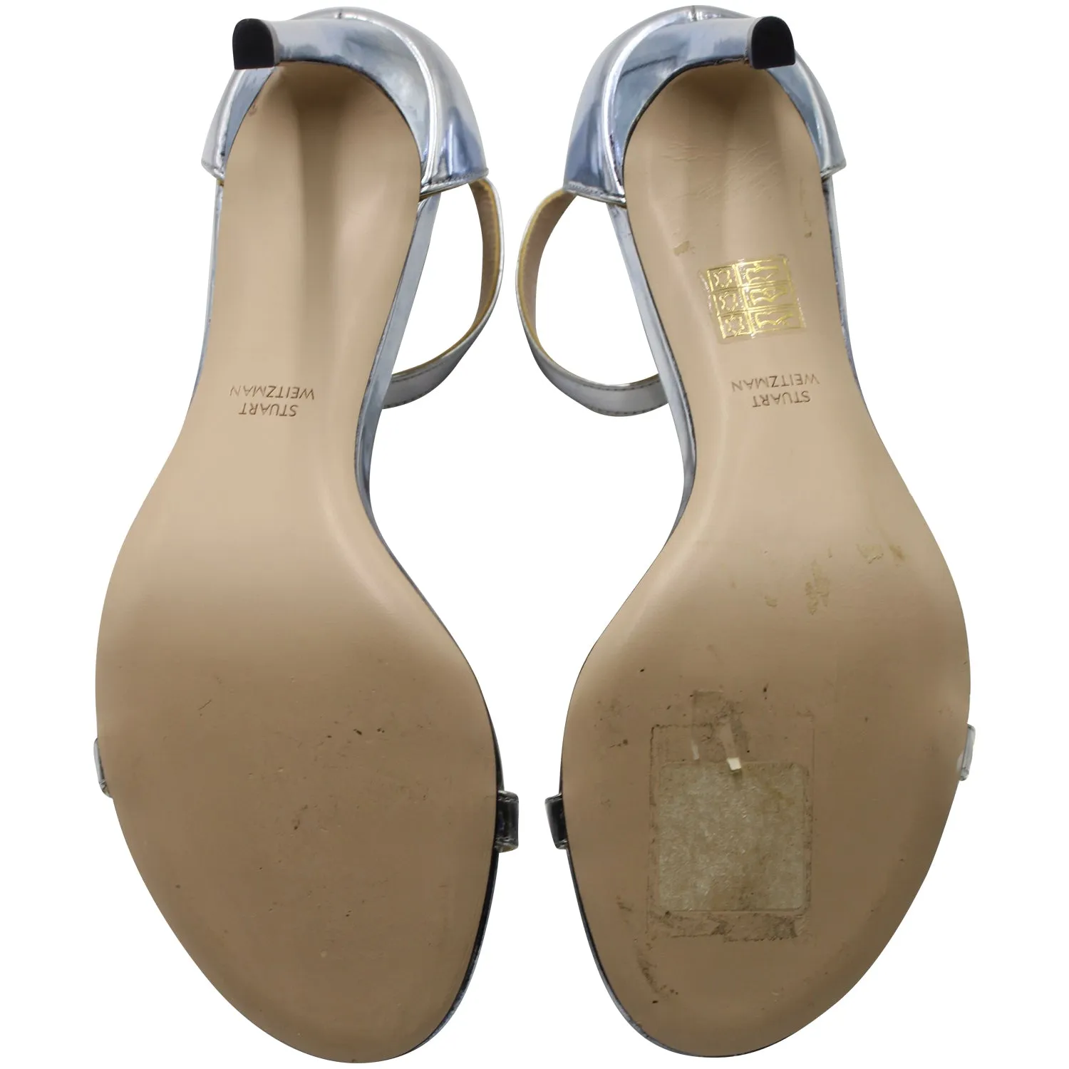 Stuart Weitzman Ankle Strap Open Toe High Heel Sandals in Silver Leather