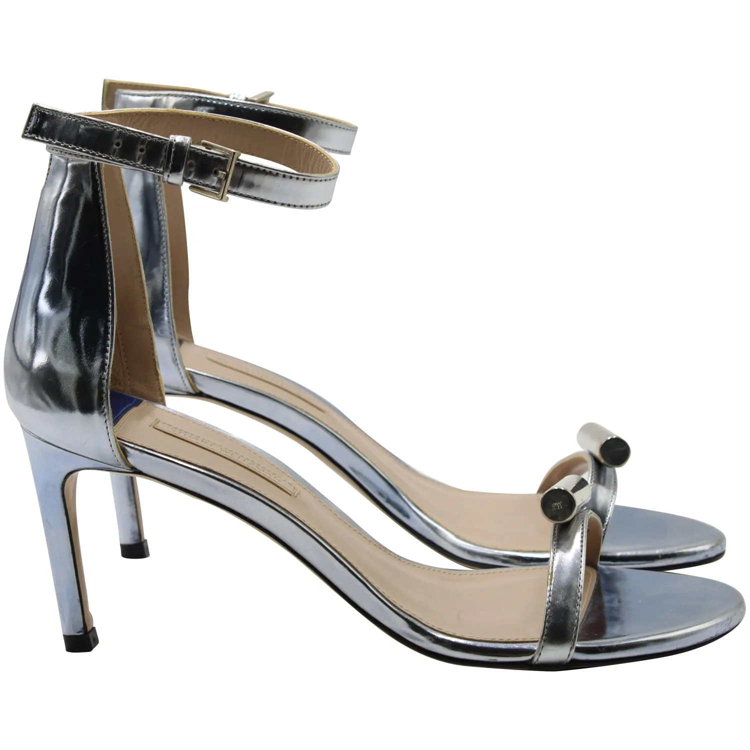 Stuart Weitzman Ankle Strap Open Toe High Heel Sandals in Silver Leather