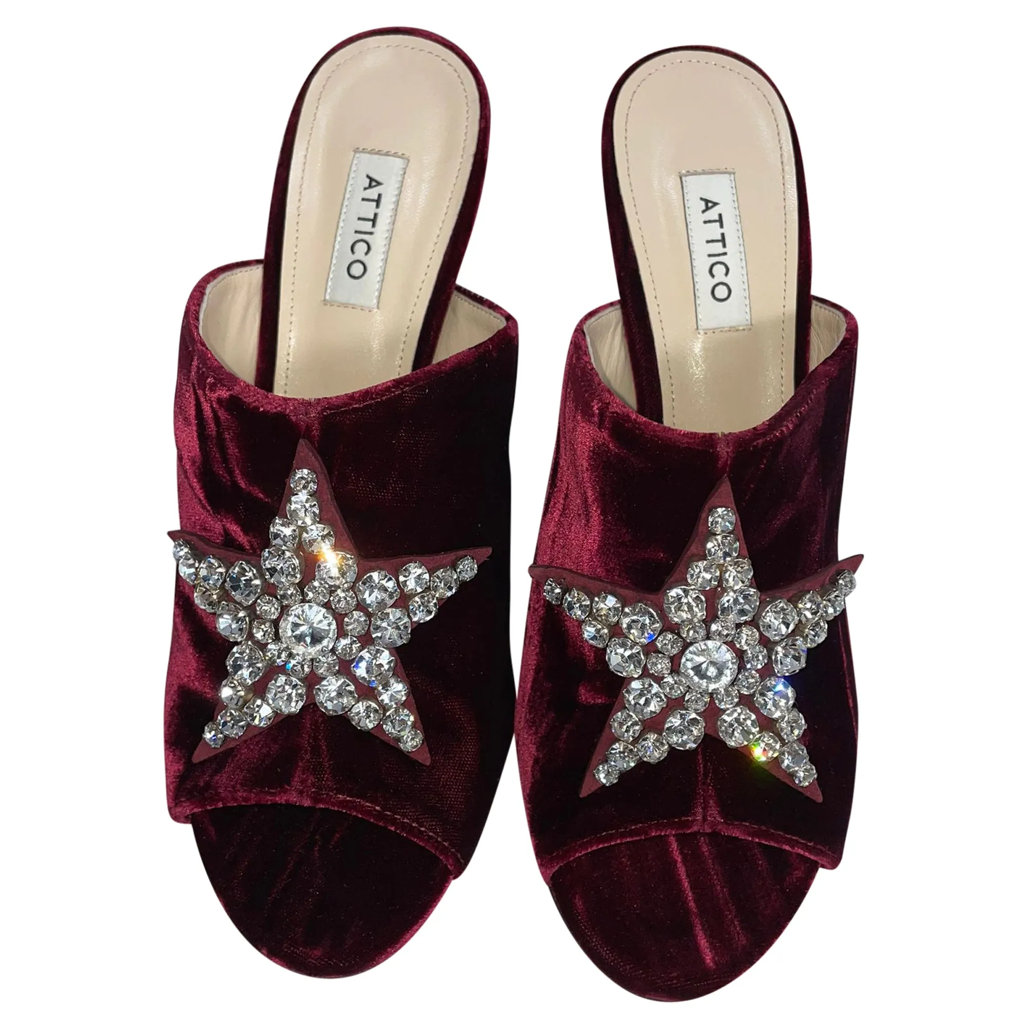 The Attico Embellished Star Heeled Mule Sandals in Burgundy Velvet