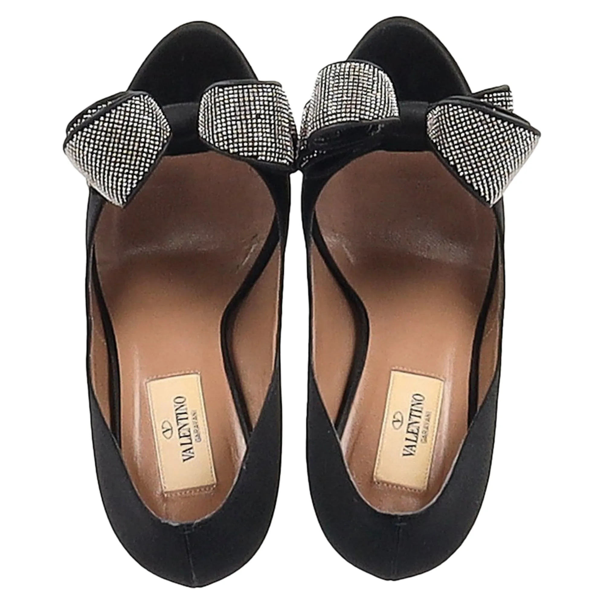 Valentino Bow Peep Toe Pumps in Black Satin
