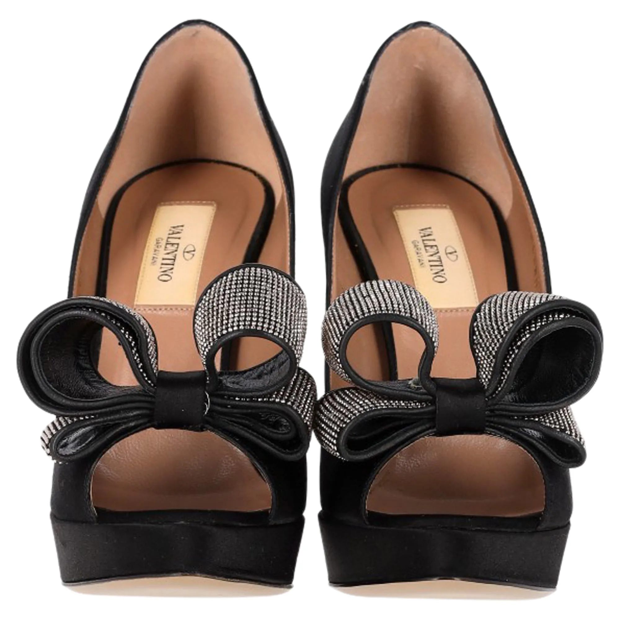 Valentino Bow Peep Toe Pumps in Black Satin