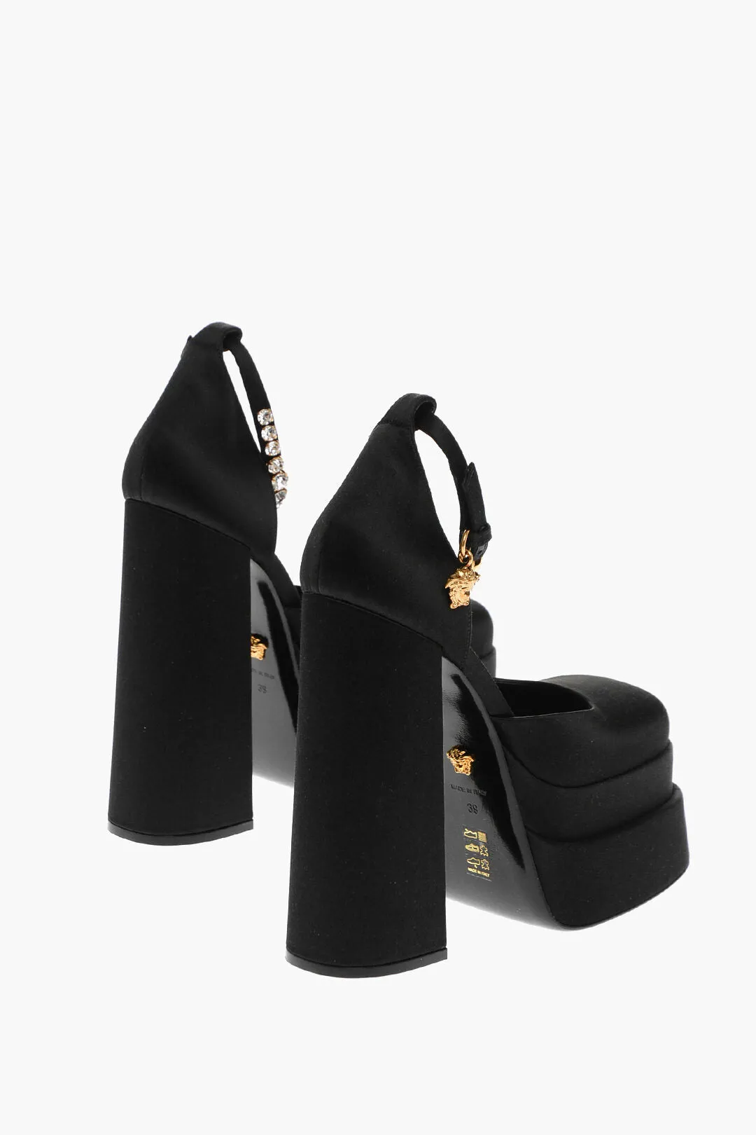 Versace Satin Platform Pumps With Jeweled Ankle Strap 16Cm