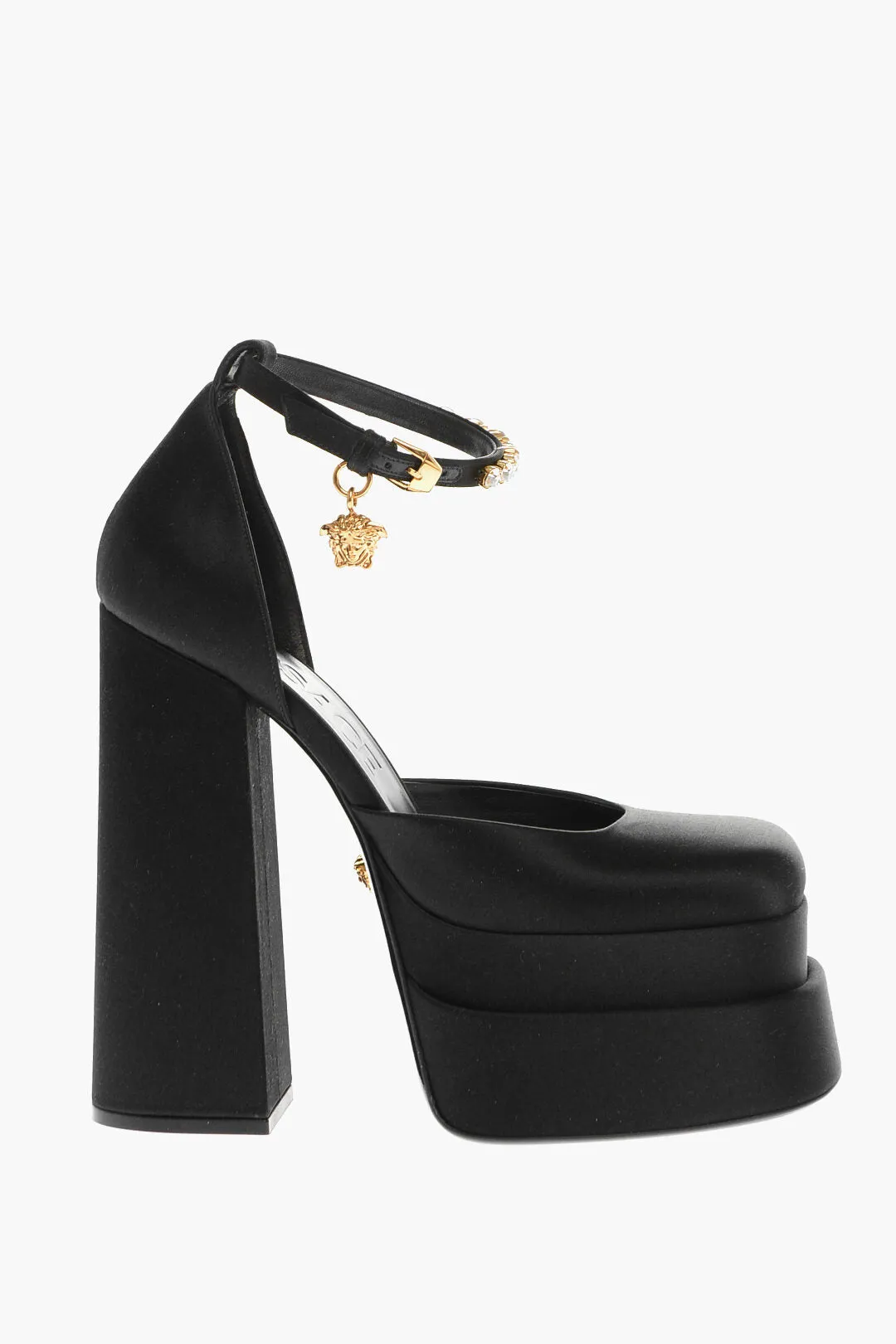 Versace Satin Platform Pumps With Jeweled Ankle Strap 16Cm