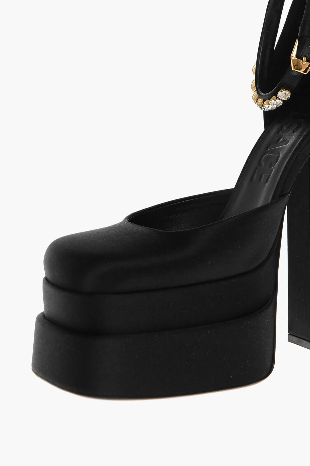 Versace Satin Platform Pumps With Jeweled Ankle Strap 16Cm