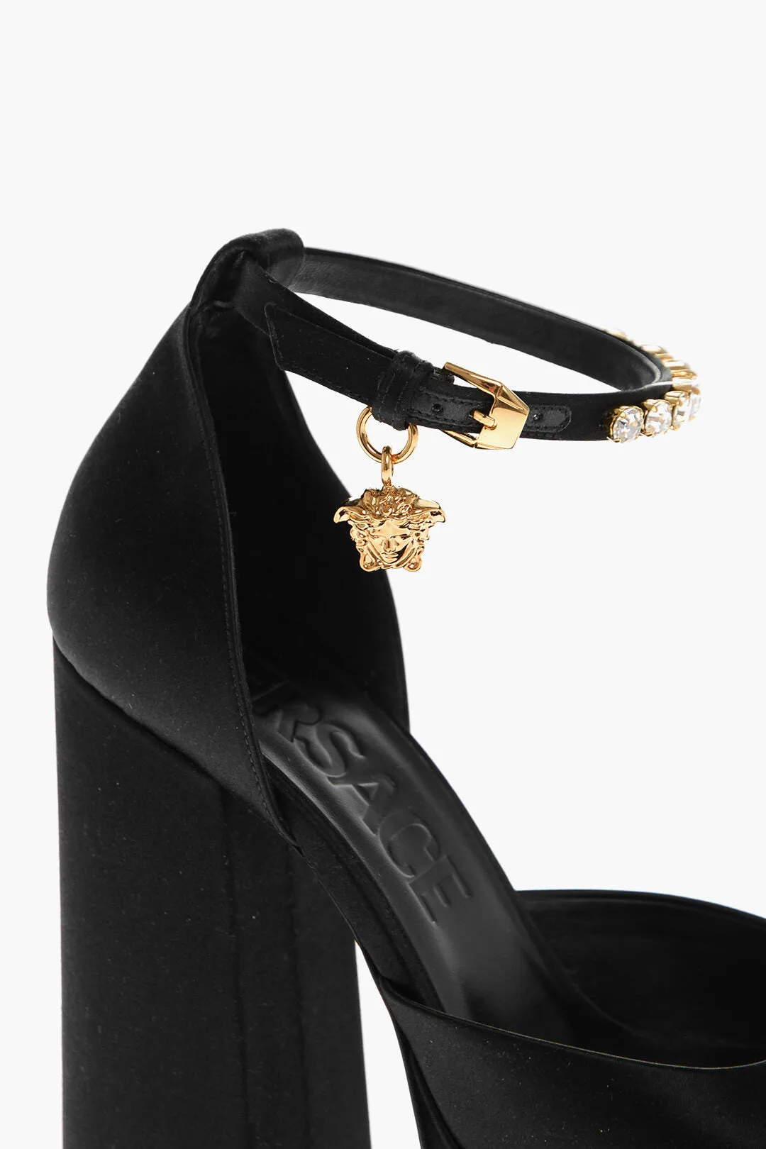 Versace Satin Platform Pumps With Jeweled Ankle Strap 16Cm