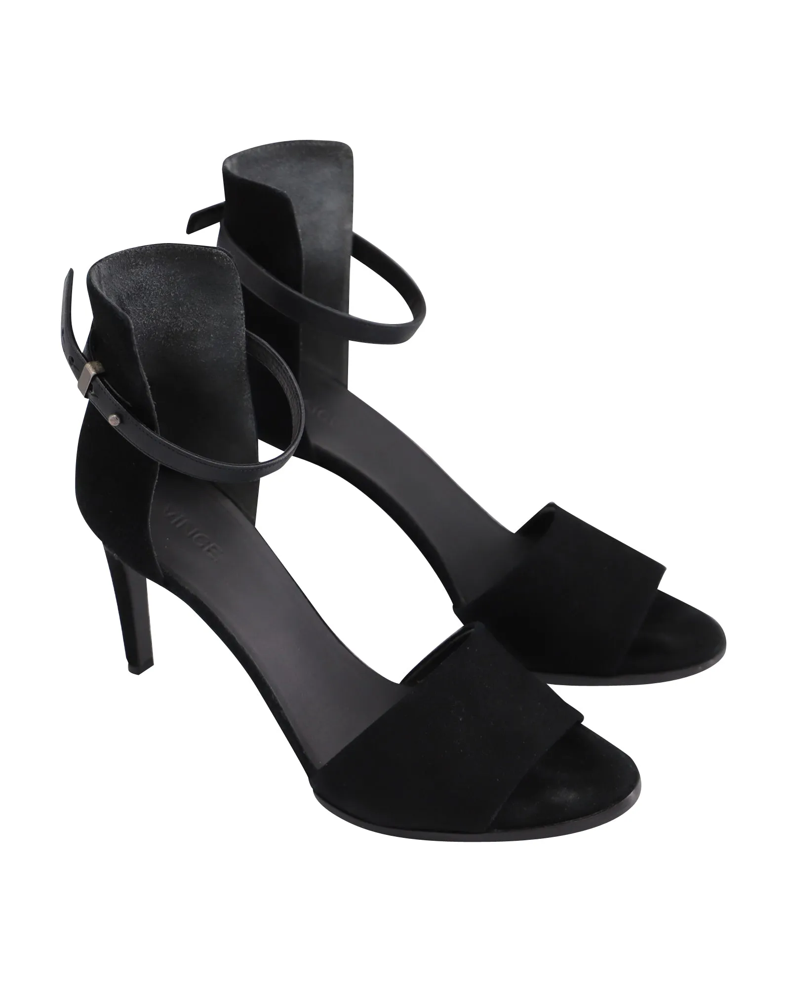 Vince Ankle Strap Open-toe Heels in Black Suede