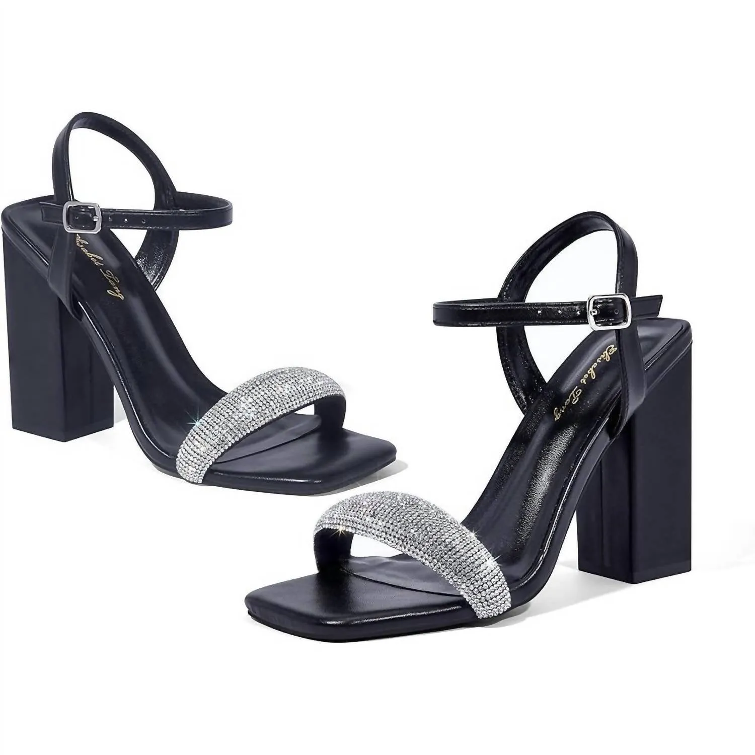 Women's Rhinestone Ankle Strap Block Heels In Black