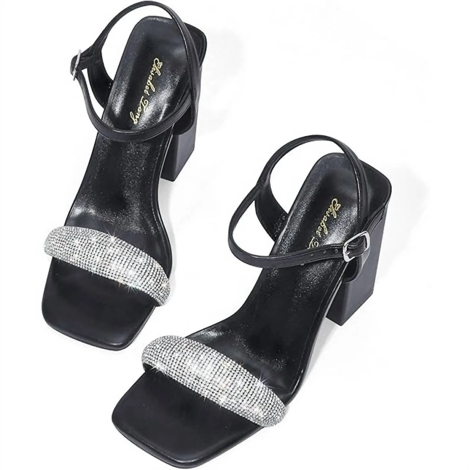 Women's Rhinestone Ankle Strap Block Heels In Black