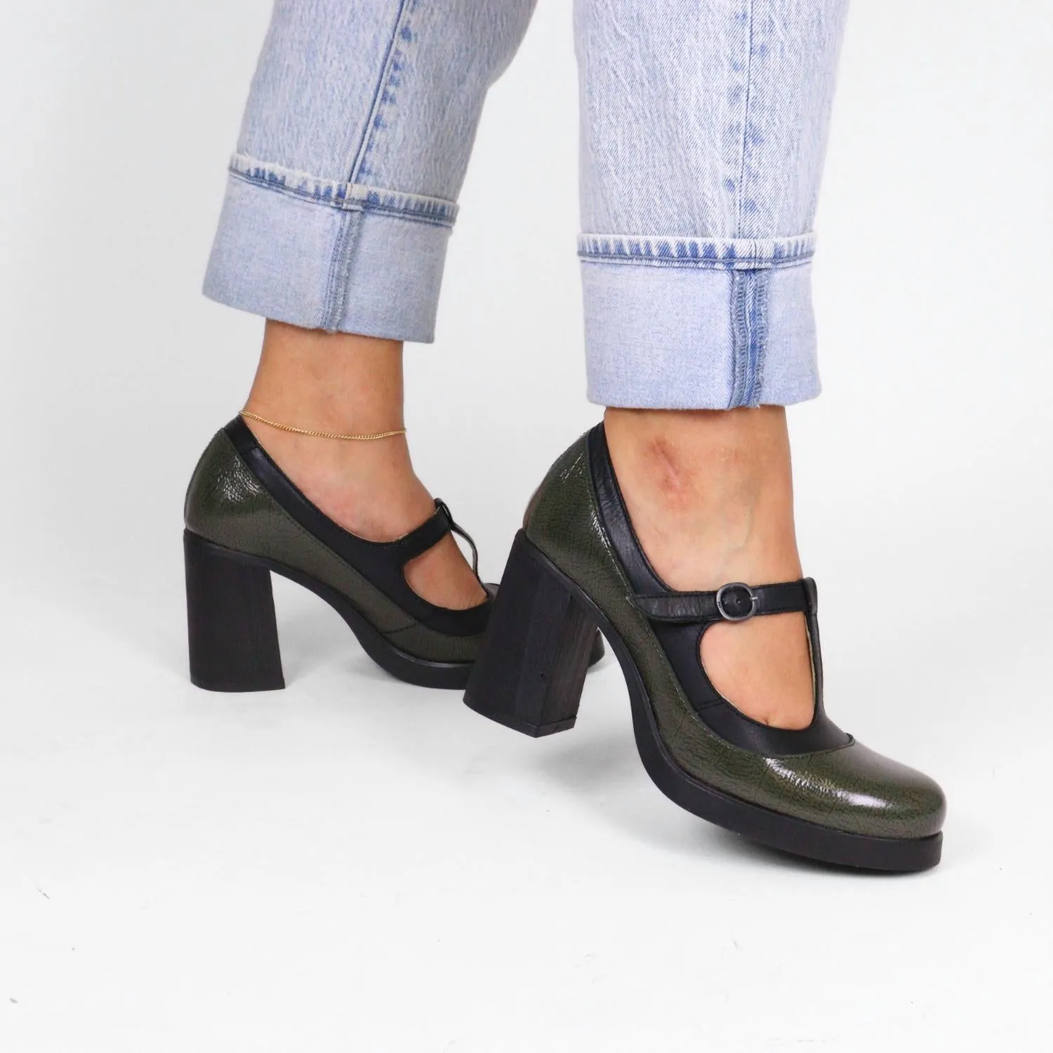 Women's Seif T-Strap Pump In Military Black